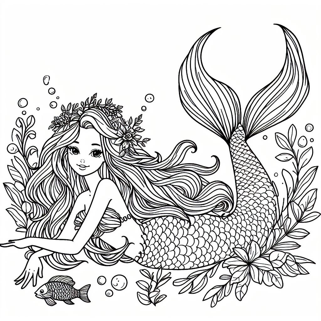 Ausmalbild - Liegende Meerjungfrau