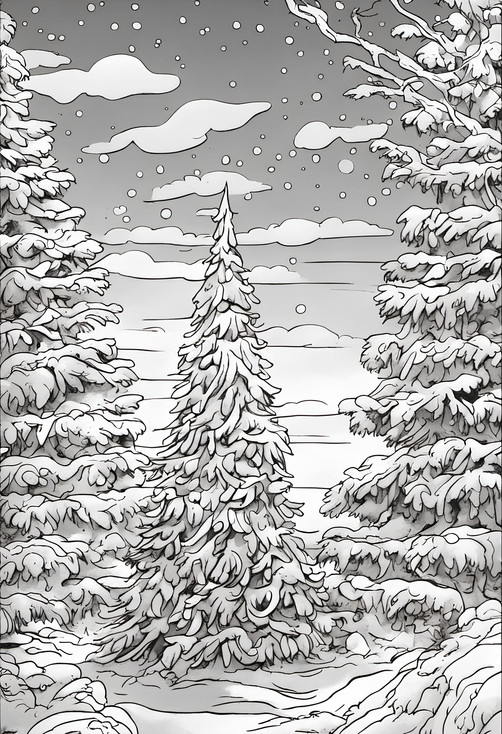 Ausmalbild - Weihnachtsbaum im Wald