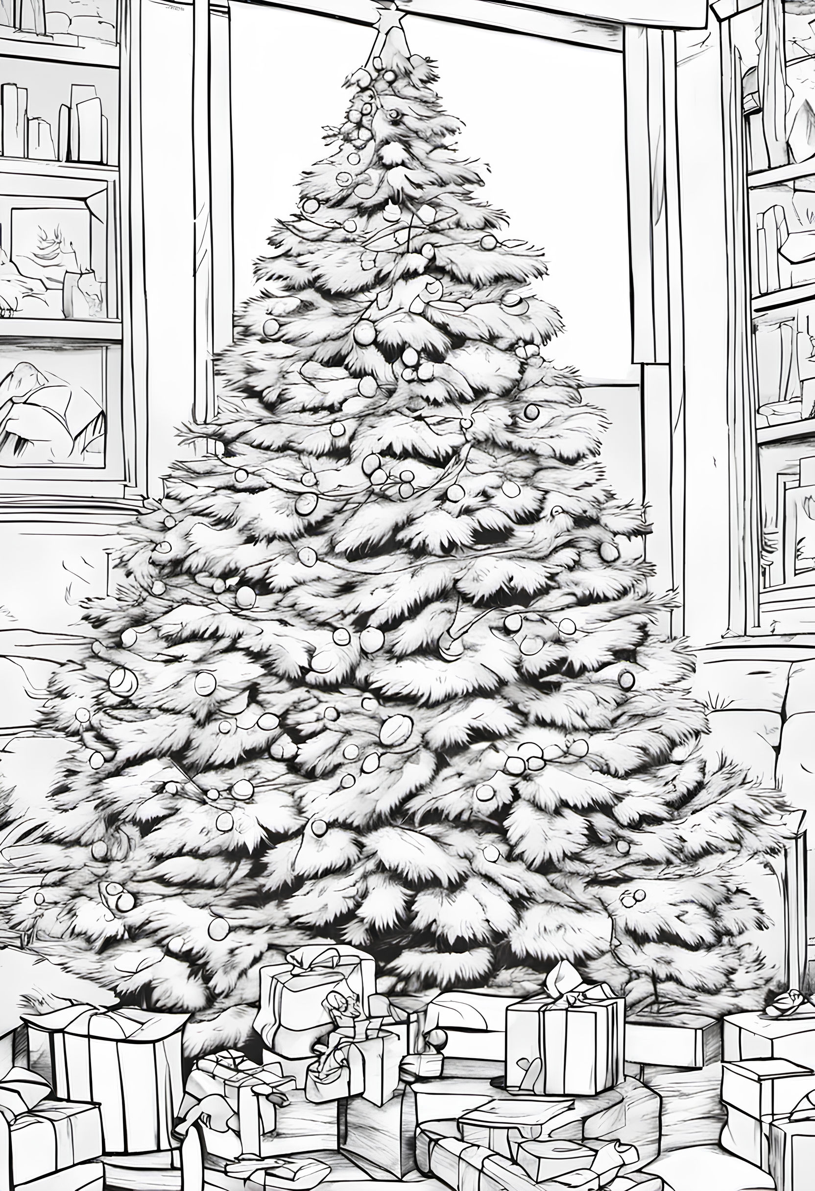 Ausmalbild - Weihnachtsbaum im Wohnzimmer