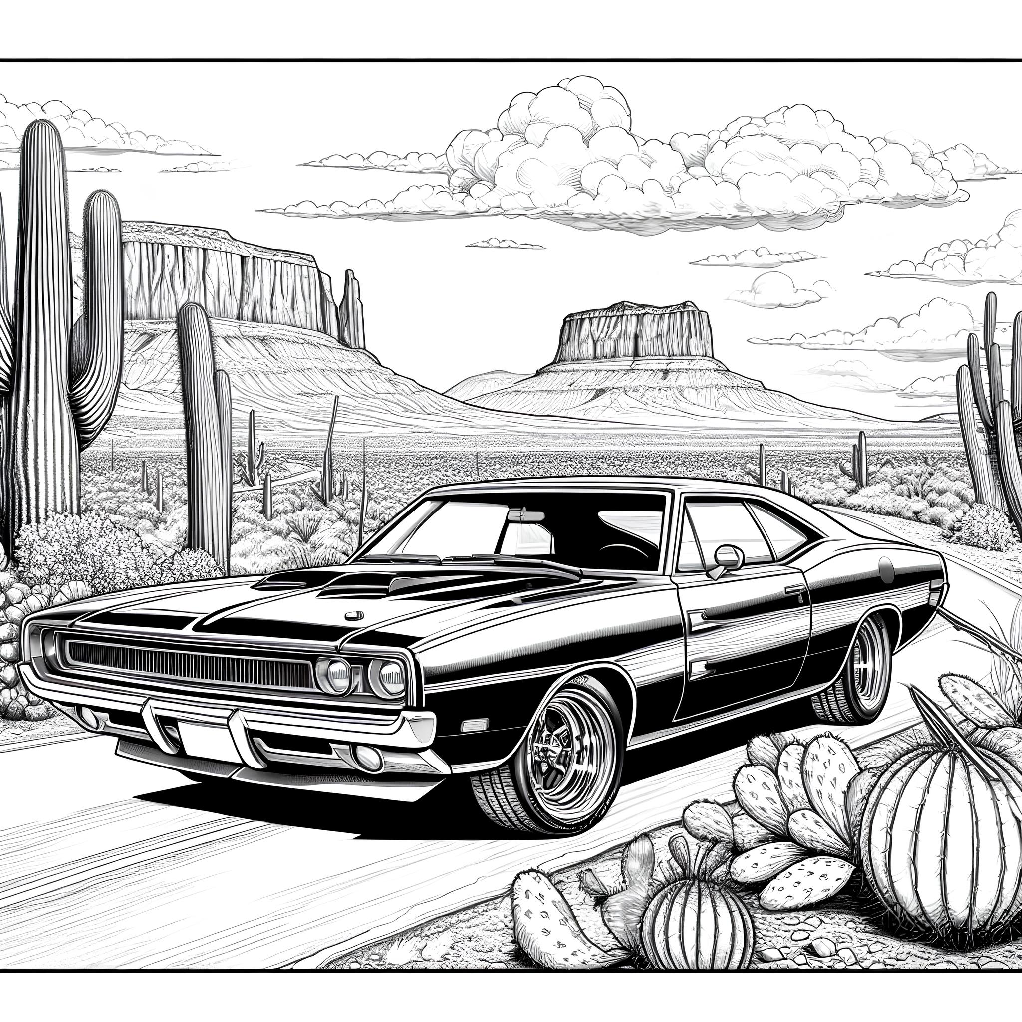 Ausmalbild: Auto in der Wüste