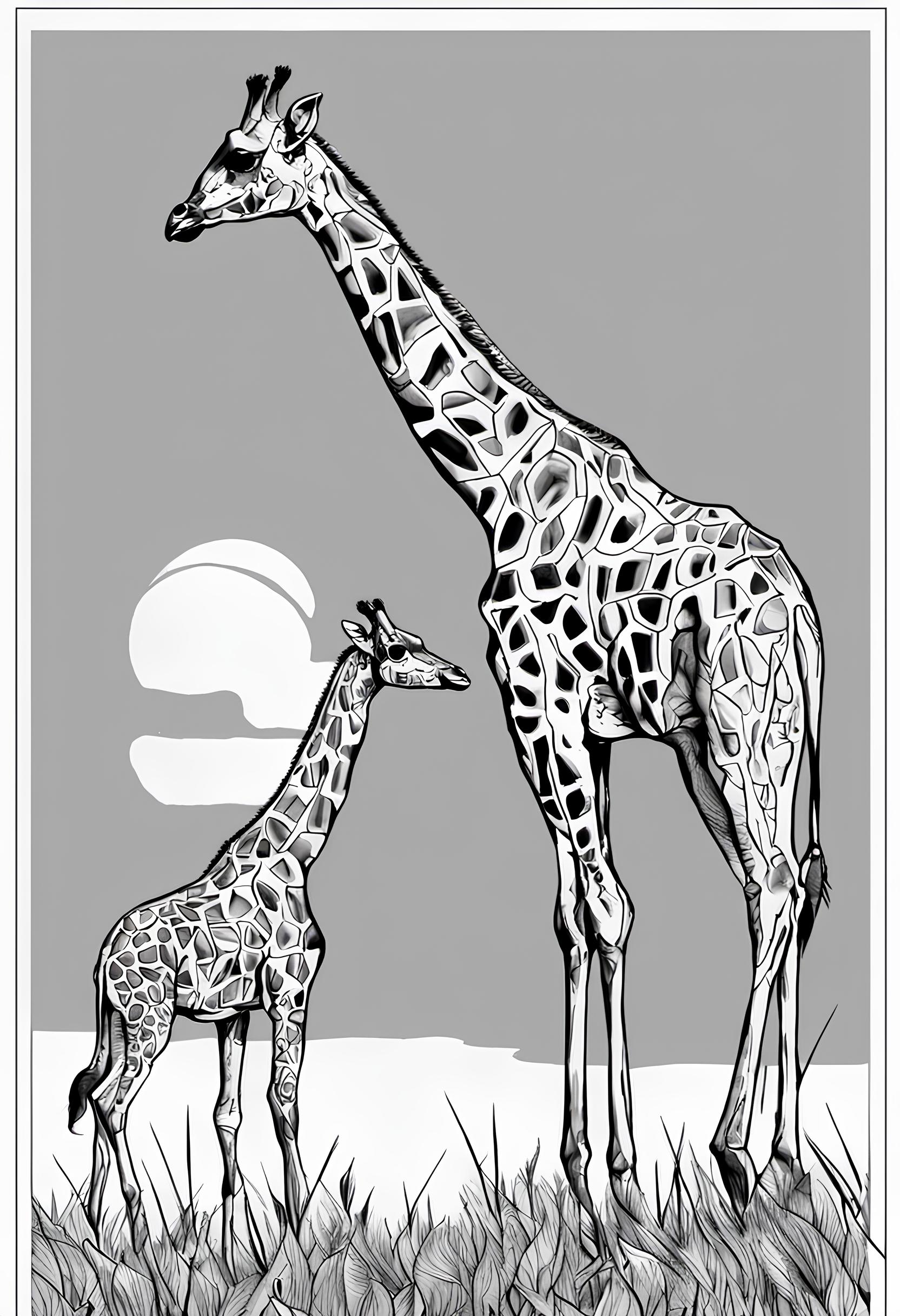 Ausmalbild: Giraffe & Kind