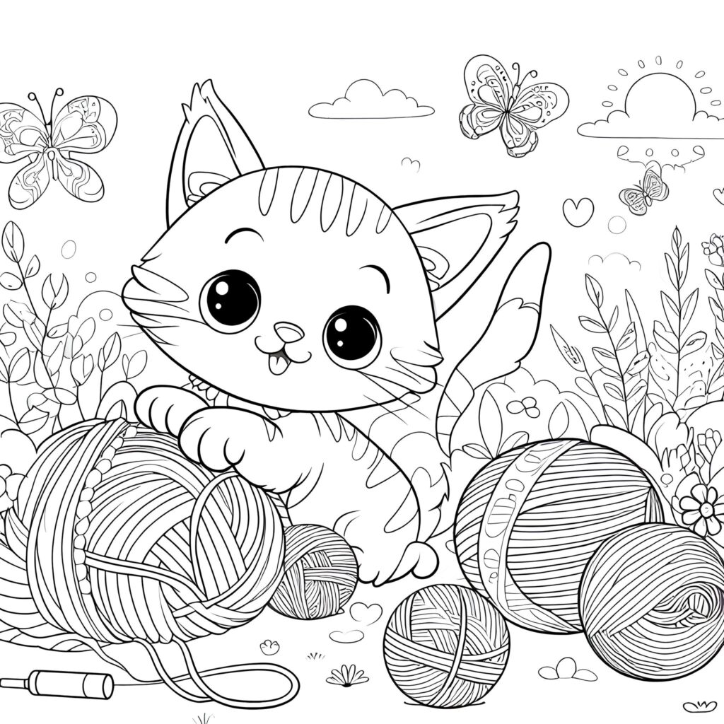 Katze mit Wolle - Ausmalbild.eu
