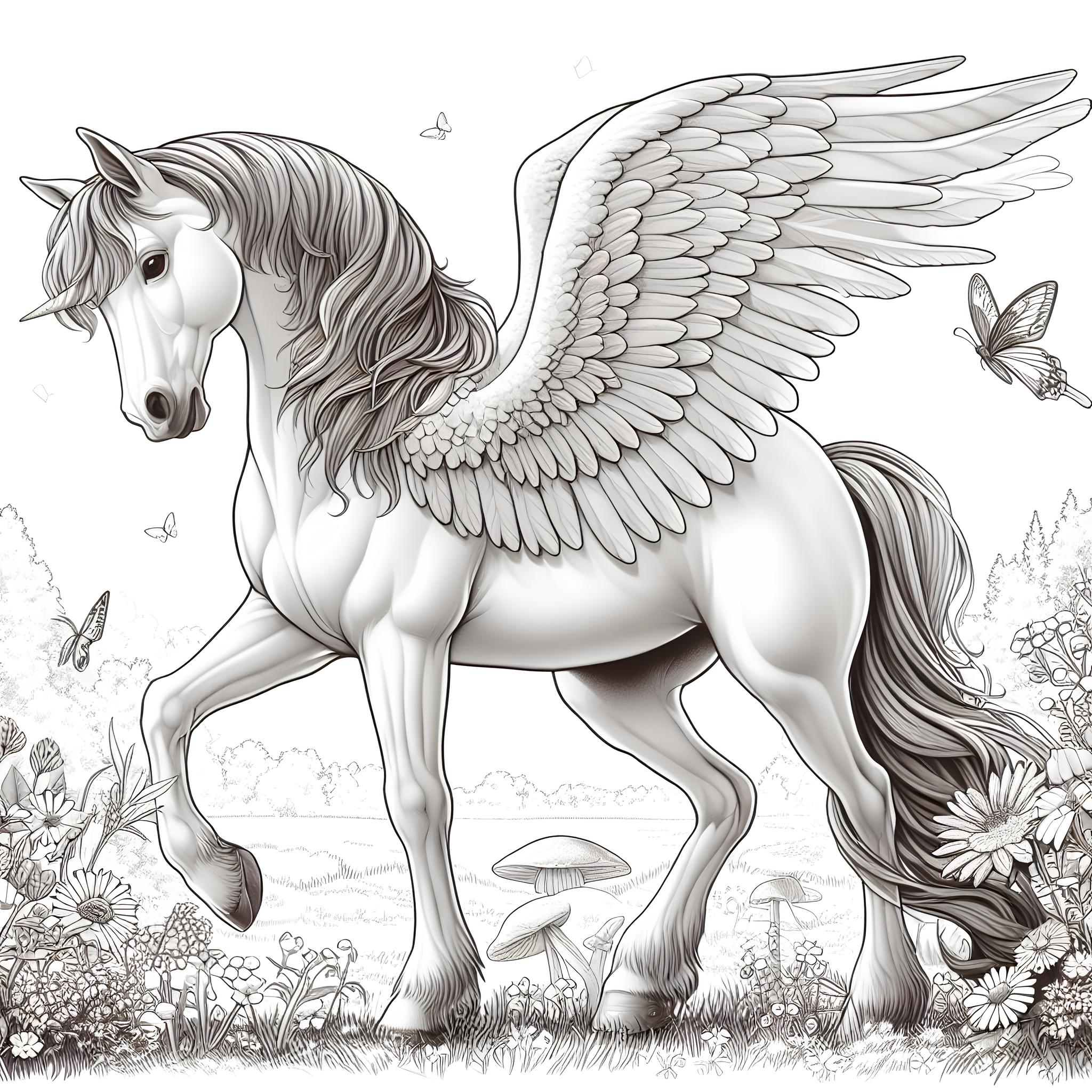 Ausmalbild: Pegasus auf der Weide