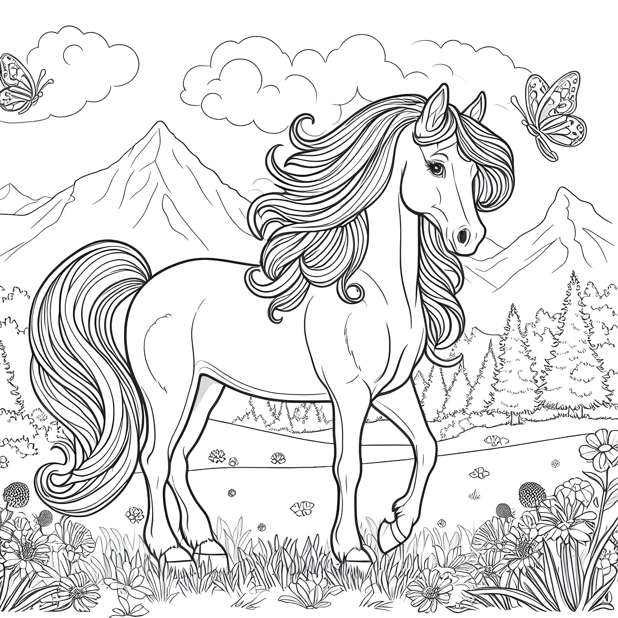 Ausmalbild: Schönes Pferd im Tal