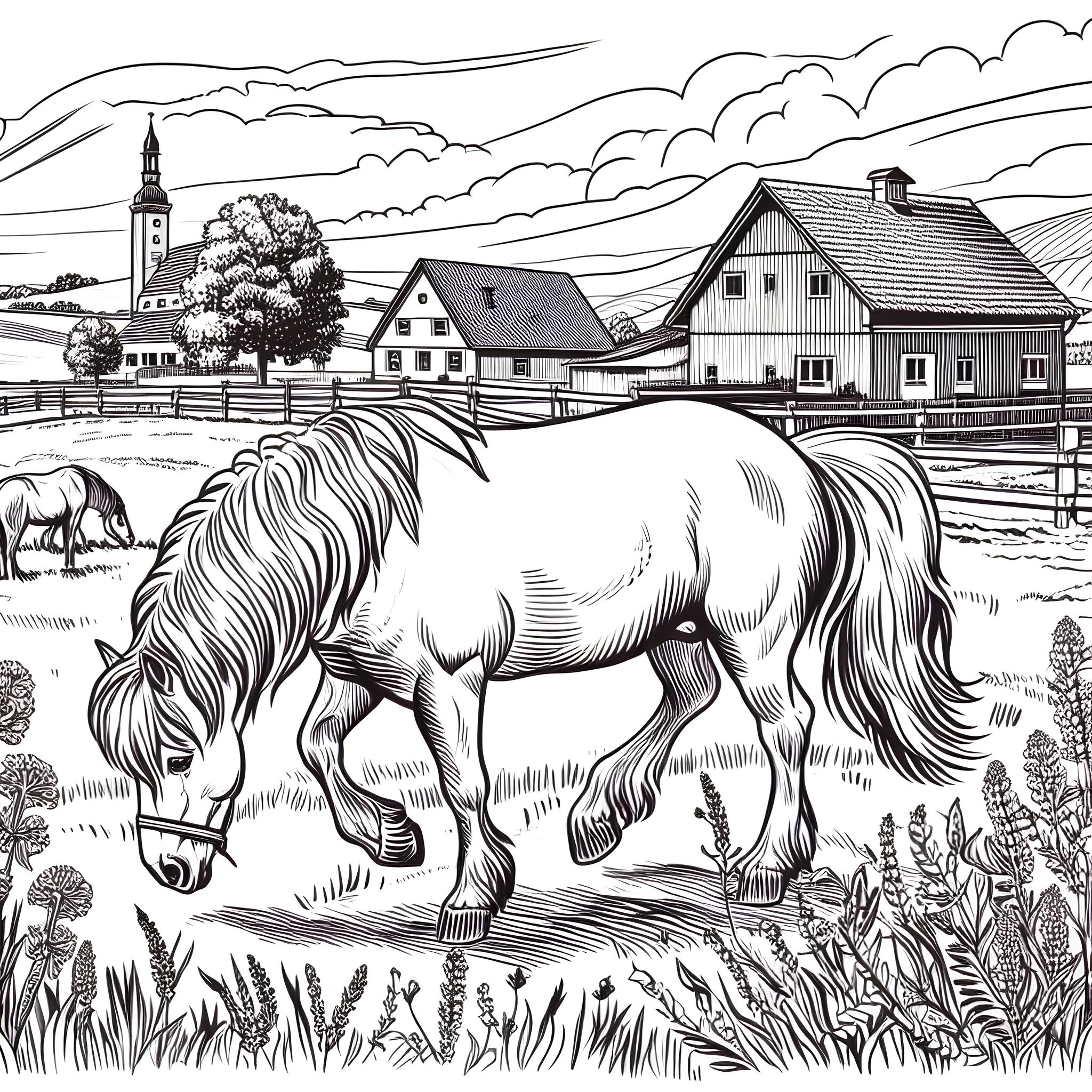 Ausmalbild: Pferde auf der Weide