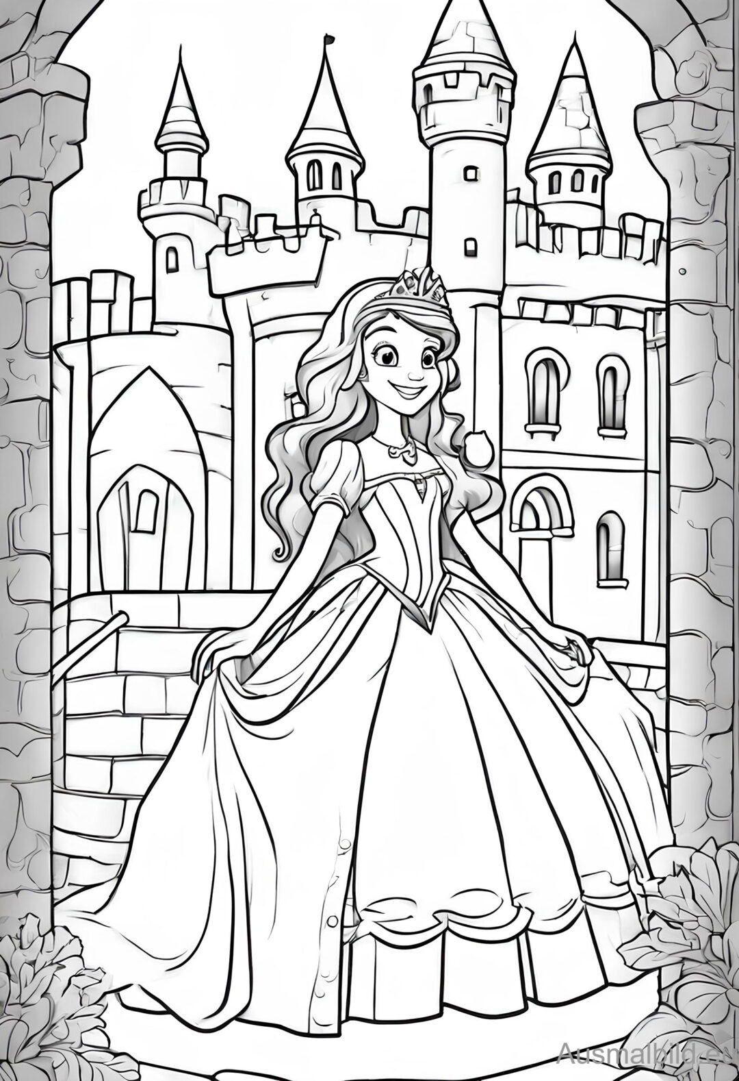  Prinzessin vor dem Schloss 3 - Ausmalbild.eu Illustration 