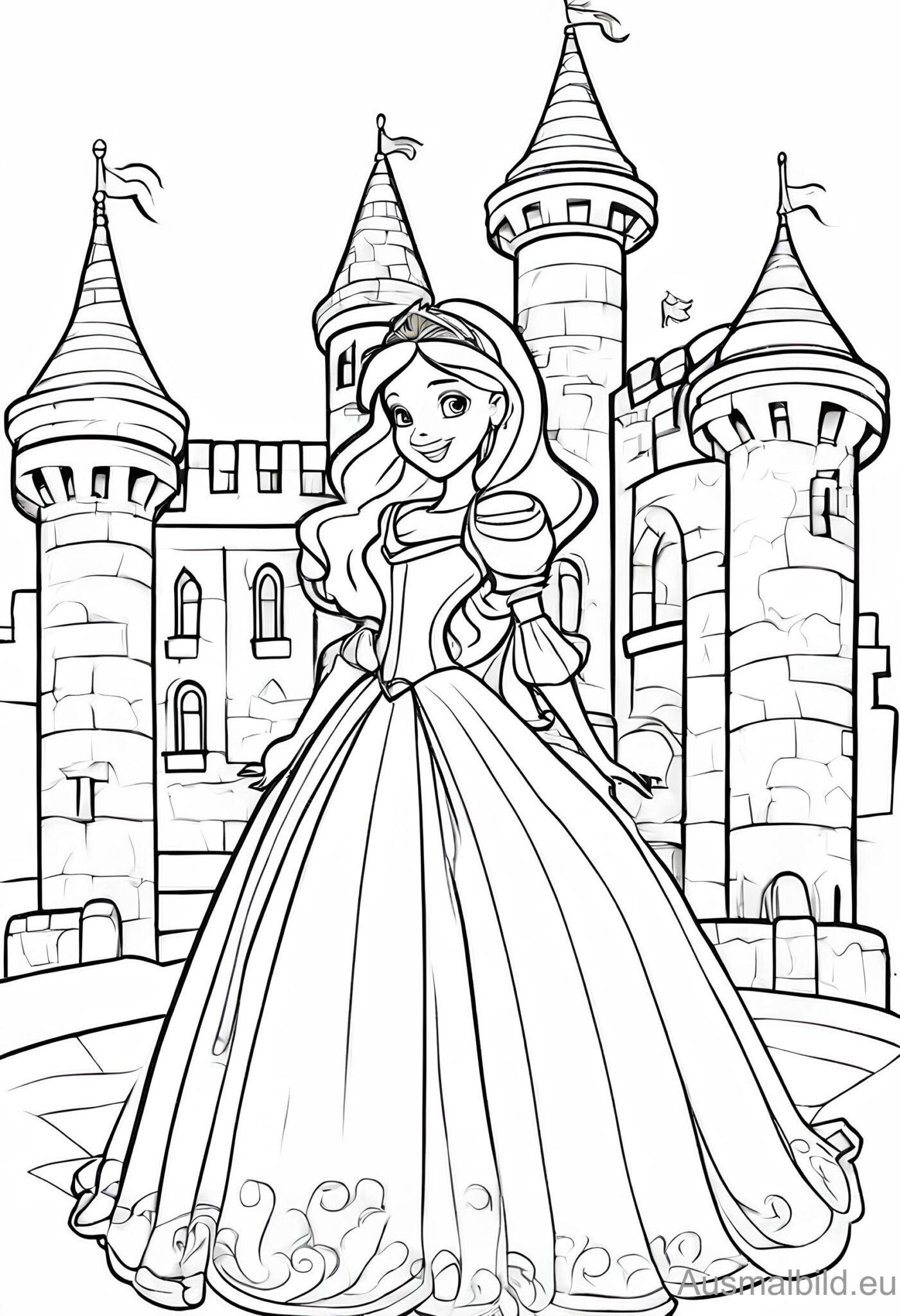 Prinzessin vor dem Schloss 2 - Ausmalbild.eu