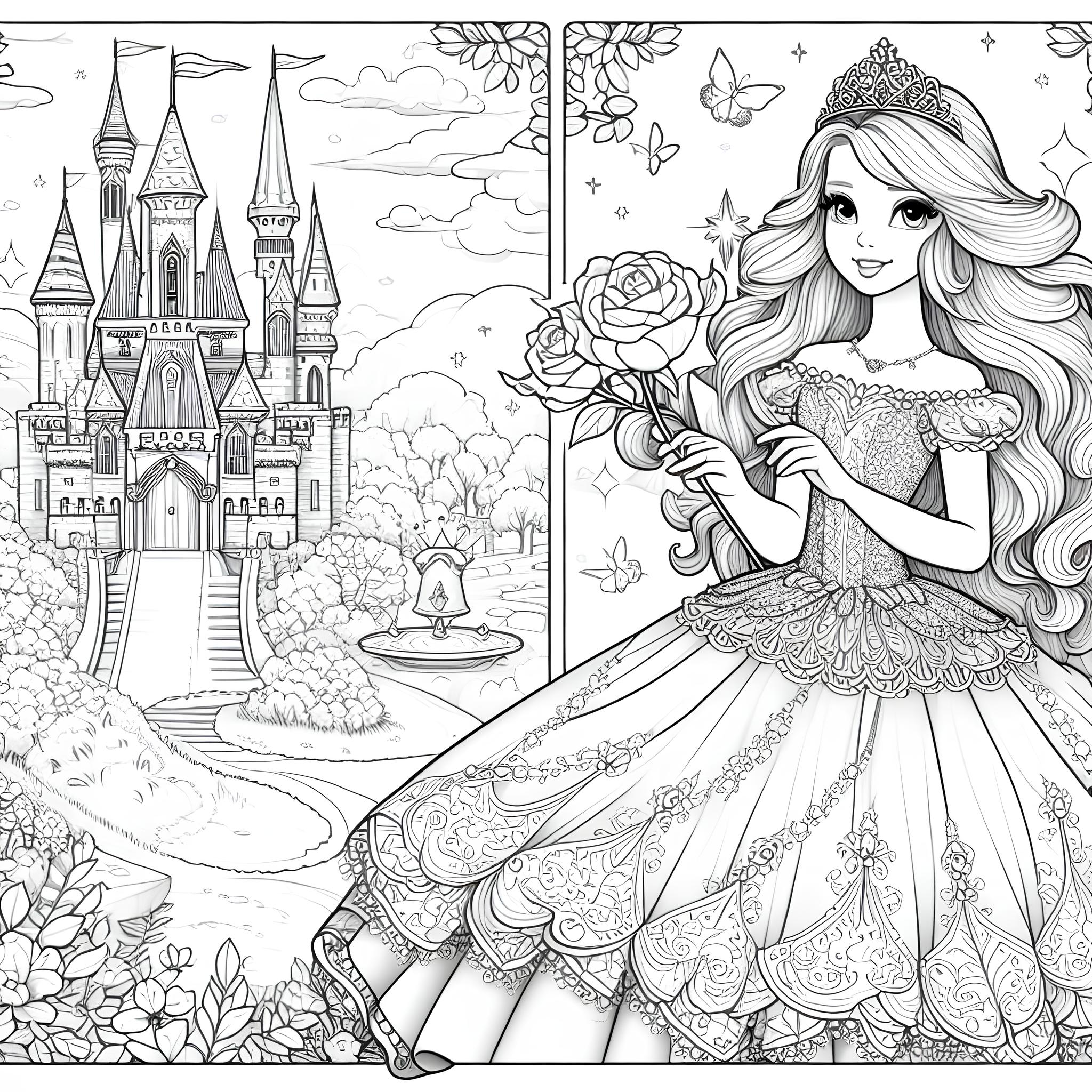 Ausmalbild: Prinzessin vor dem Schloss