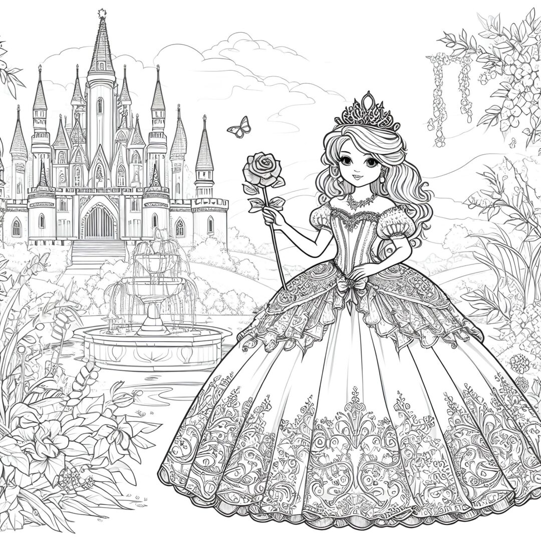  Prinzessin im Schlossgarten - Ausmalbild.eu Bildidee 