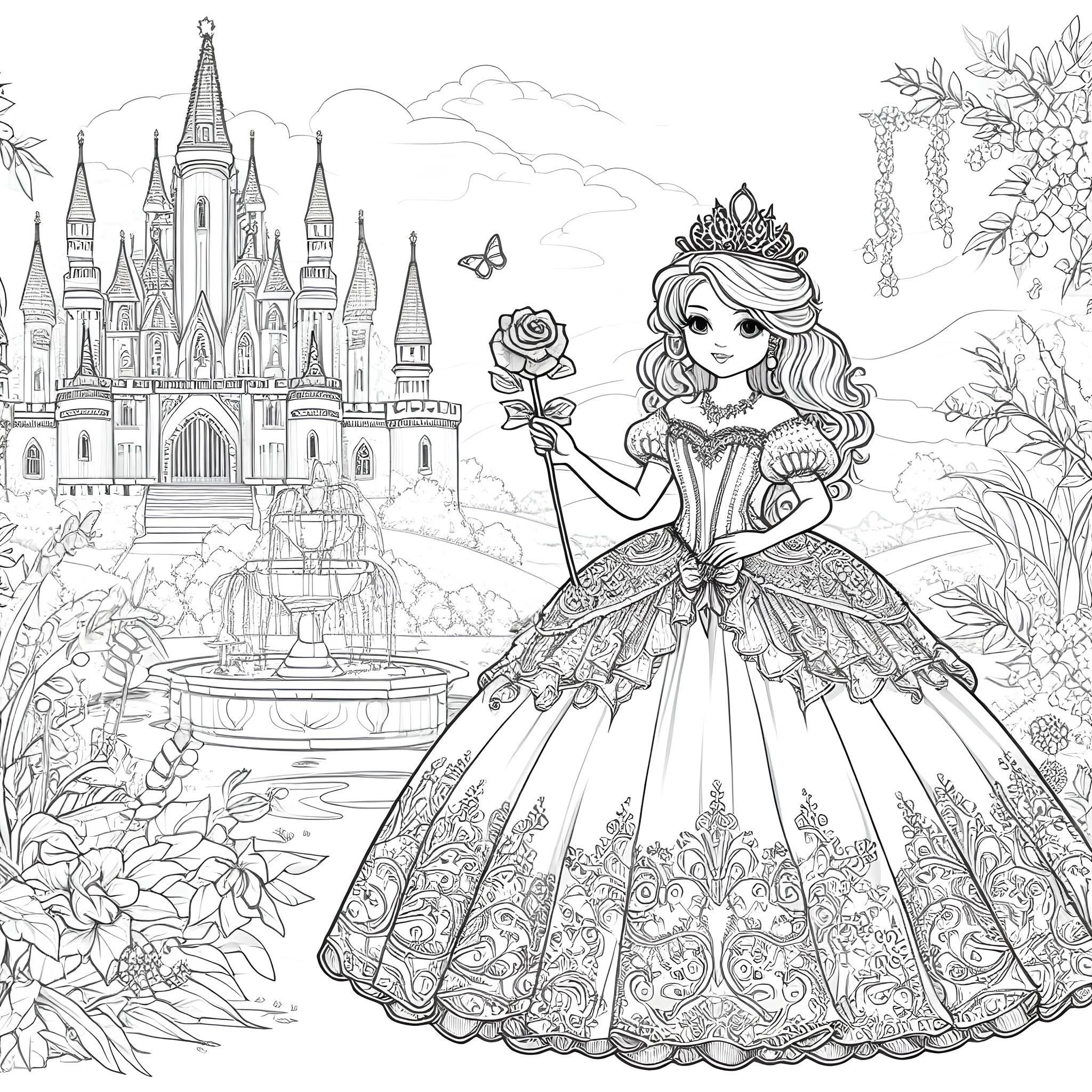 Ausmalbild: Prinzessin im Schlossgarten