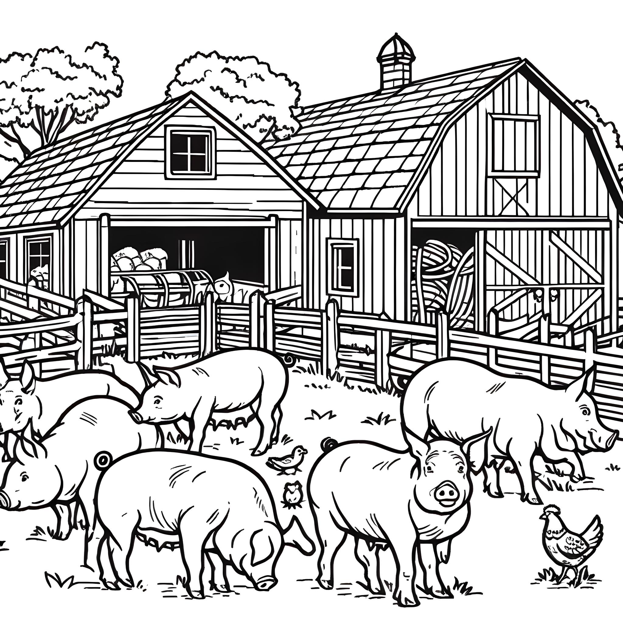 Ausmalbild: Schweine auf dem Bauernhof