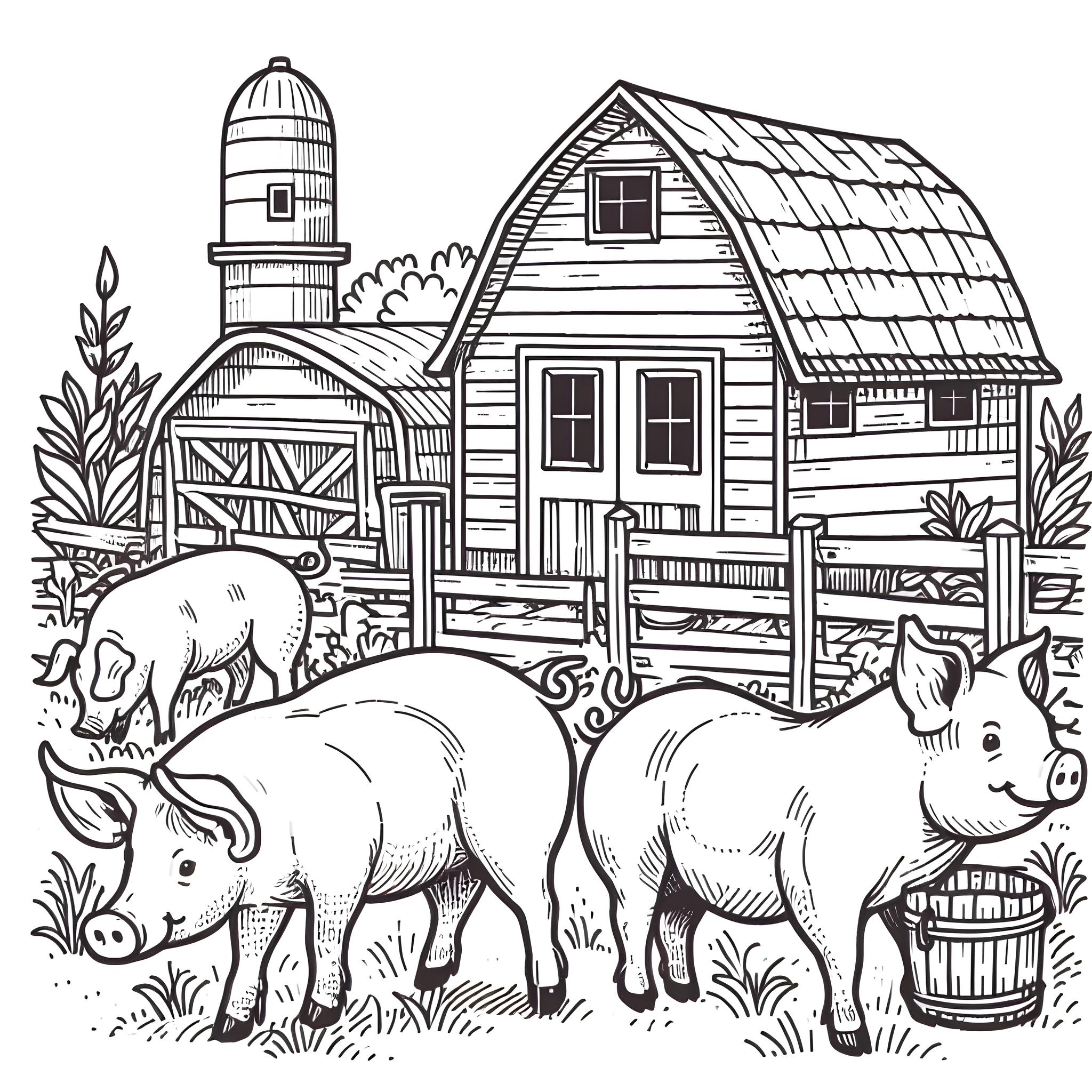 Ausmalbild: Schweine auf dem Bauernhof