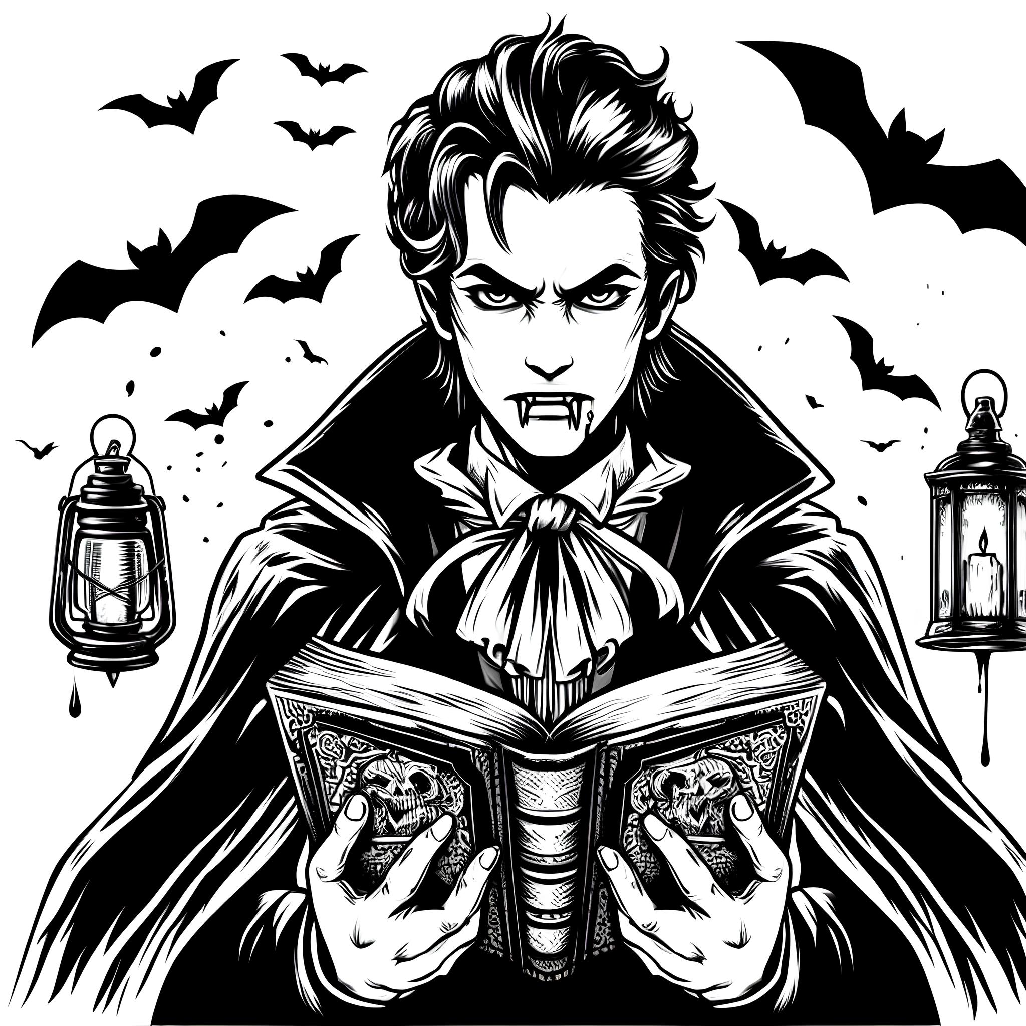 Ausmalbild: Vampir mit Buch