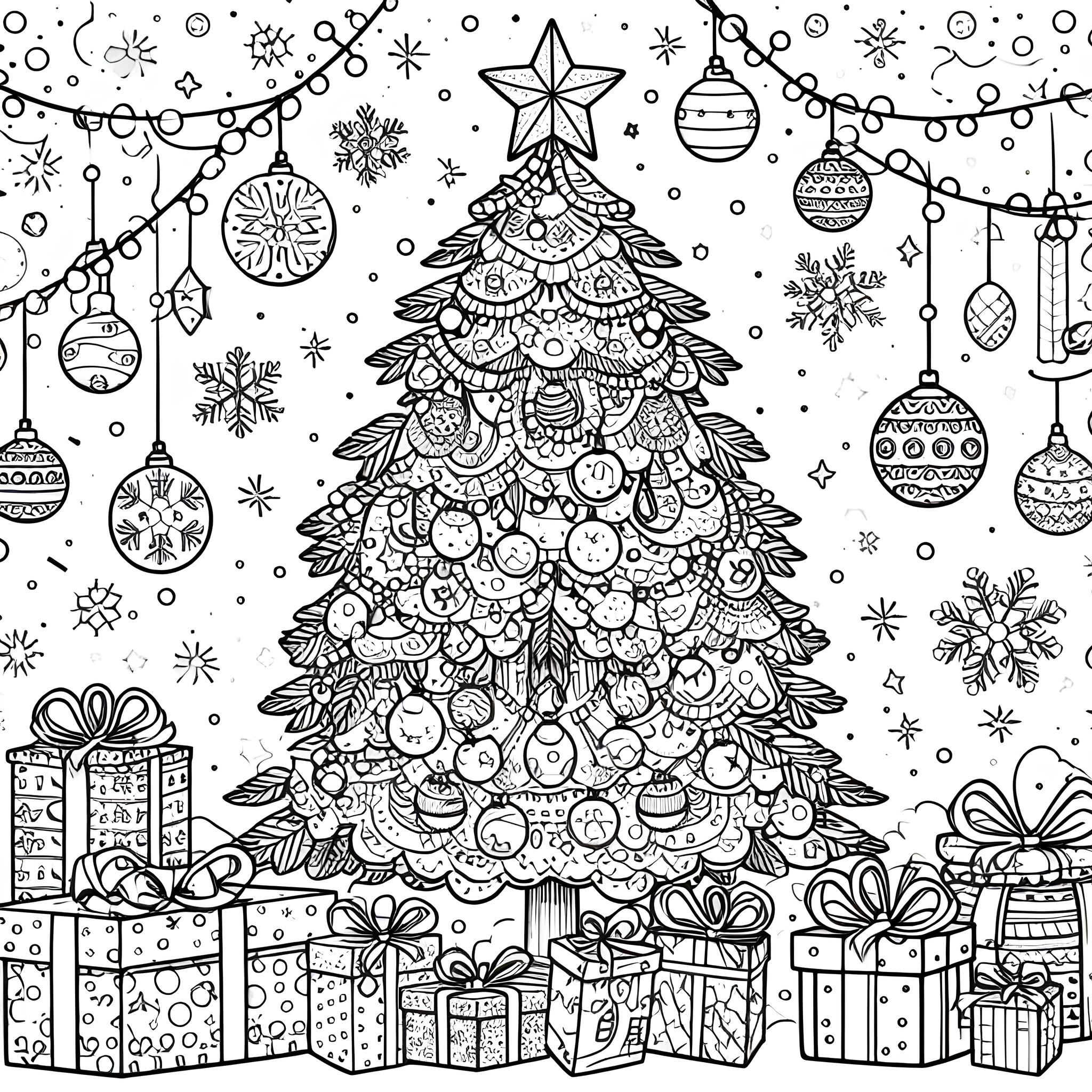 Ausmalbild: Weihnachtsbaum mit Geschenken 2