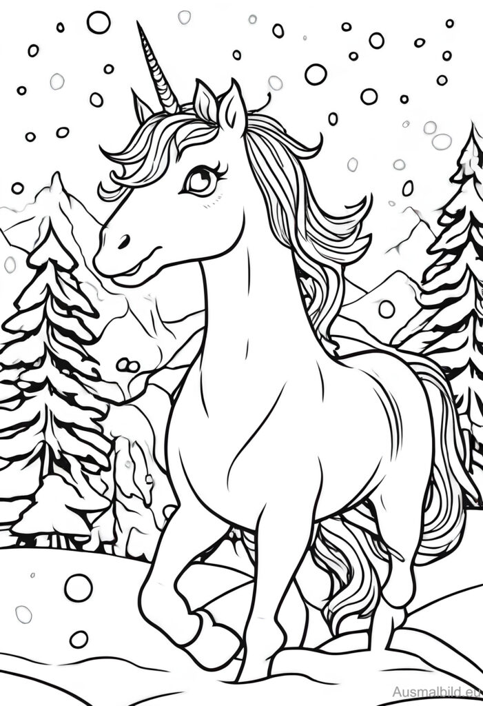 Einhorn im Schnee Ausmalbild.eu