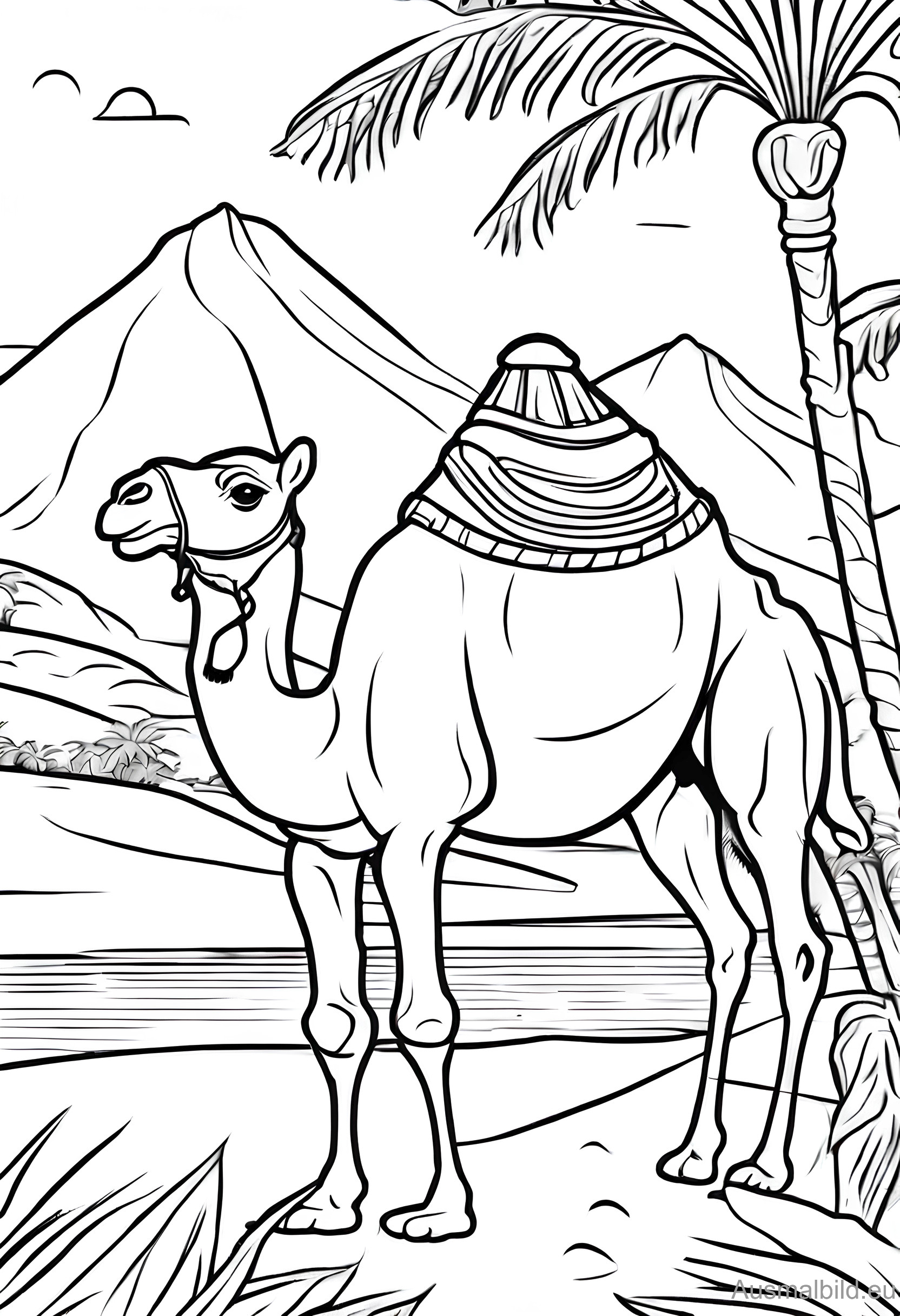 Ausmalbild: Kamel an der Oase