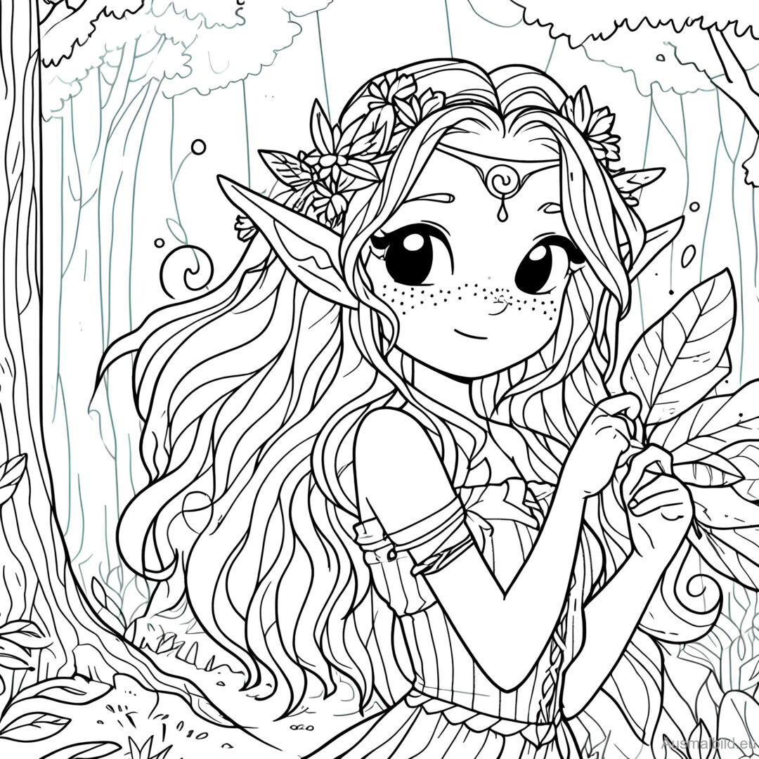  Kleine Elfe im Wald - Fantasy - Ausmalbild.de Bildidee 