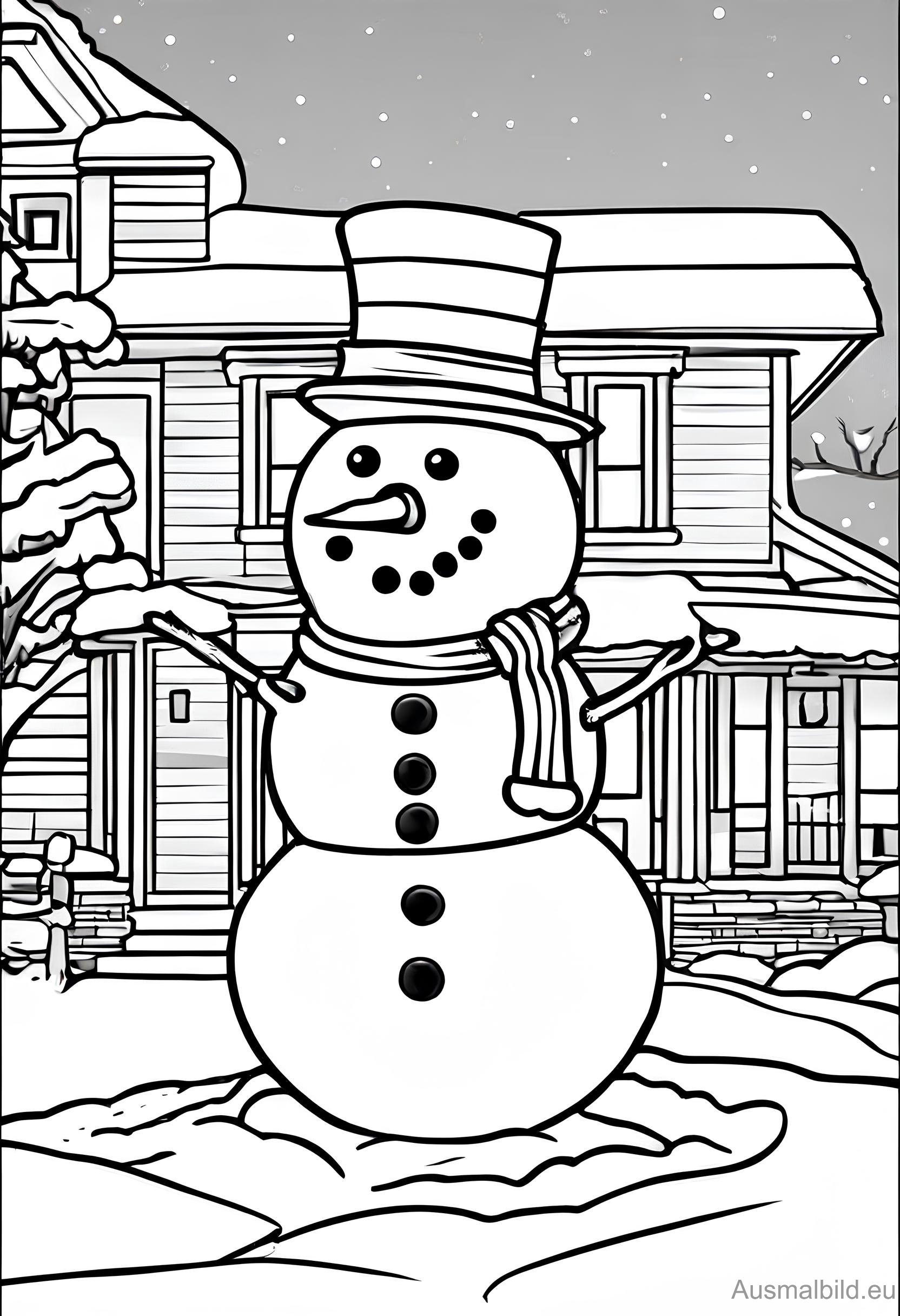 Ausmalbild: Schneemann vor dem Haus