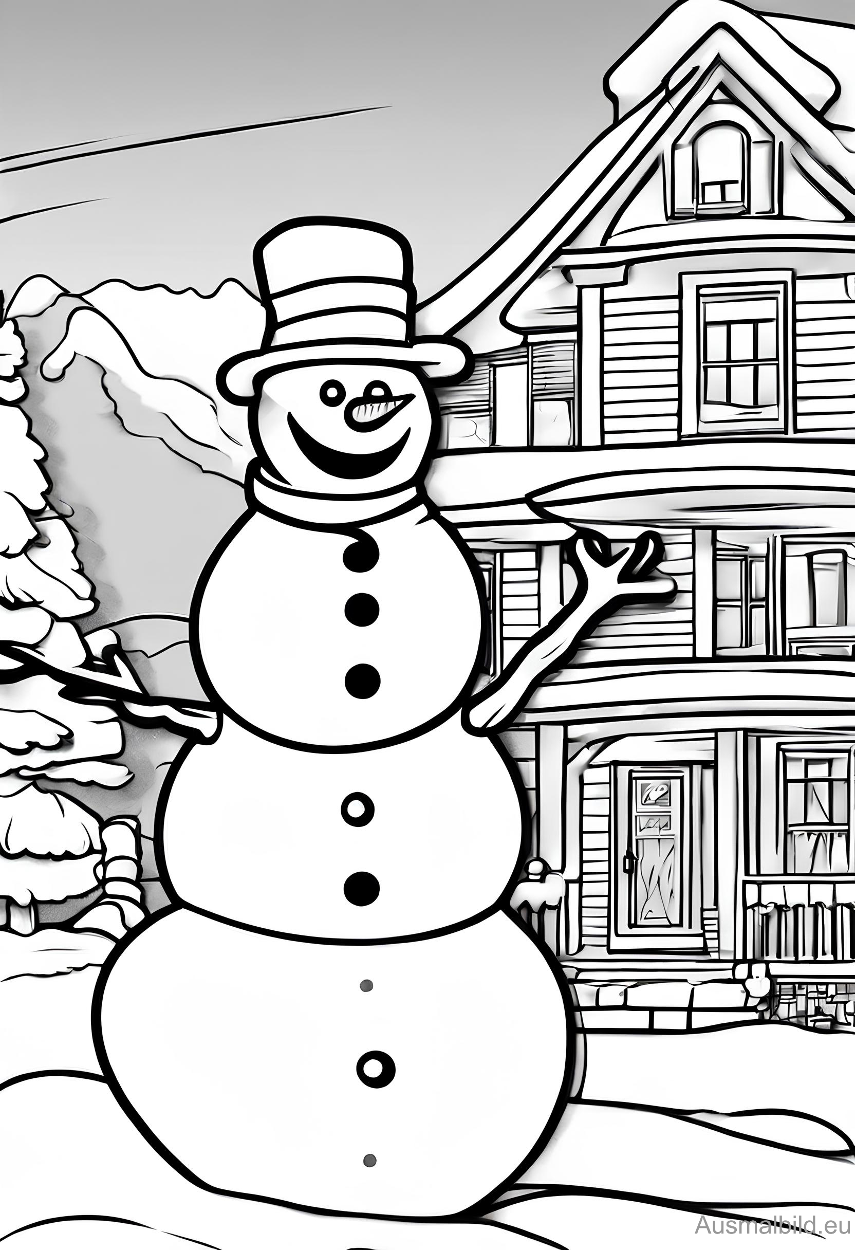 Ausmalbild: Schneemann vor dem Haus