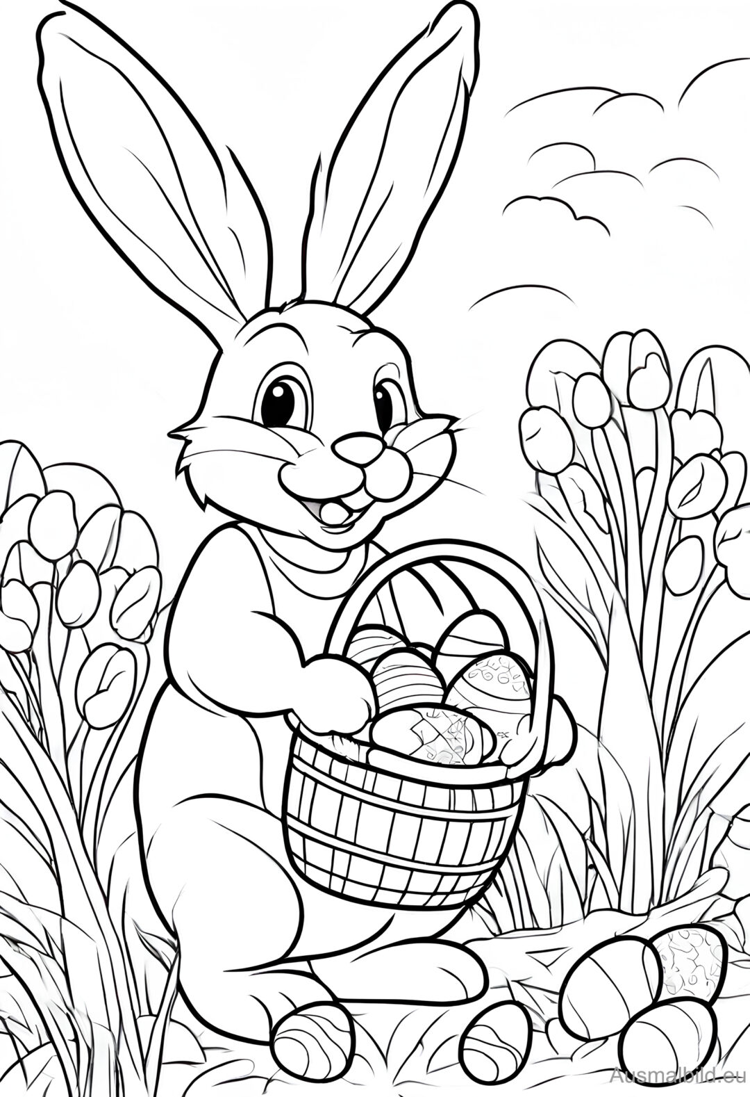  Foto zu Osterhase mit Korb voll Eiern - Ostern - Ausmalbild.eu 