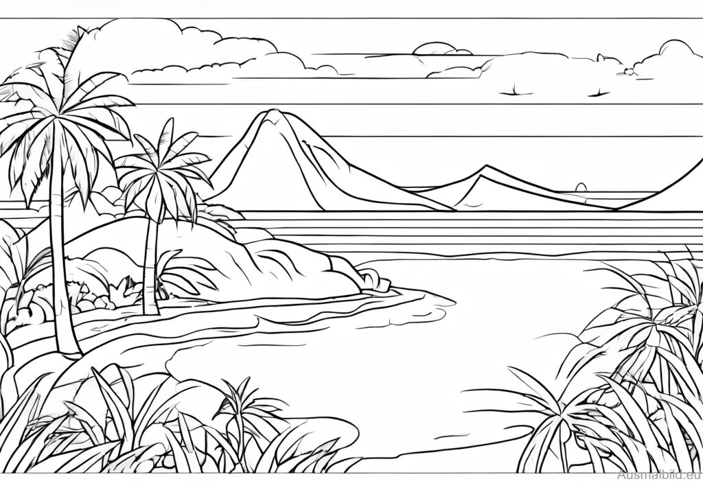 Strand auf einer Südsee-Insel - Ausmalbild.eu