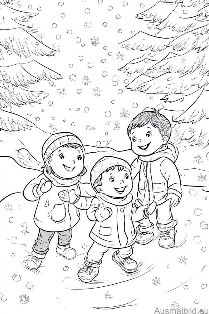 Kinder im Schnee - Winter - Ausmalbild.eu