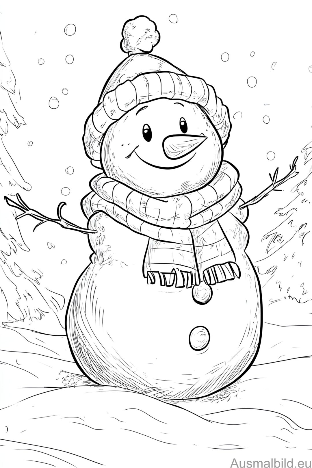  Schneemann im Wald - Winter - Ausmalbild.eu 