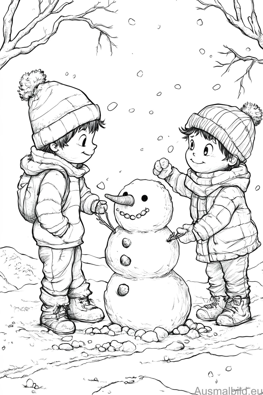 Kinder bauen Schneemann - Winter - Ausmalbild.eu