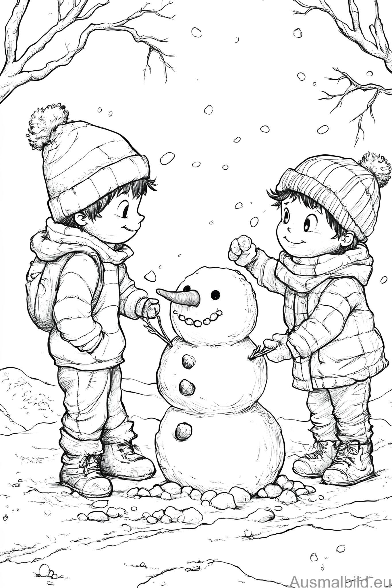 Kinder bauen Schneemann - Winter - Ausmalbild.eu