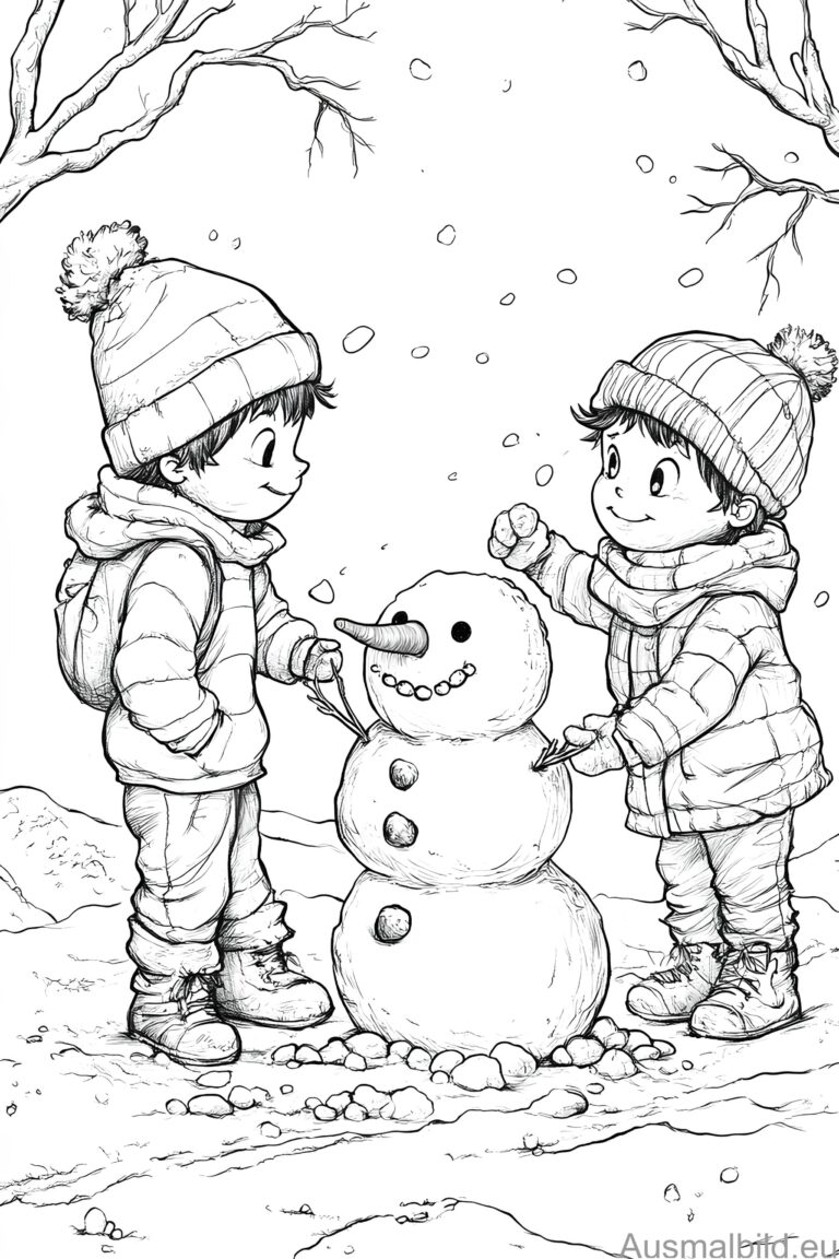 Kinder bauen Schneemann - Winter - Ausmalbild.eu