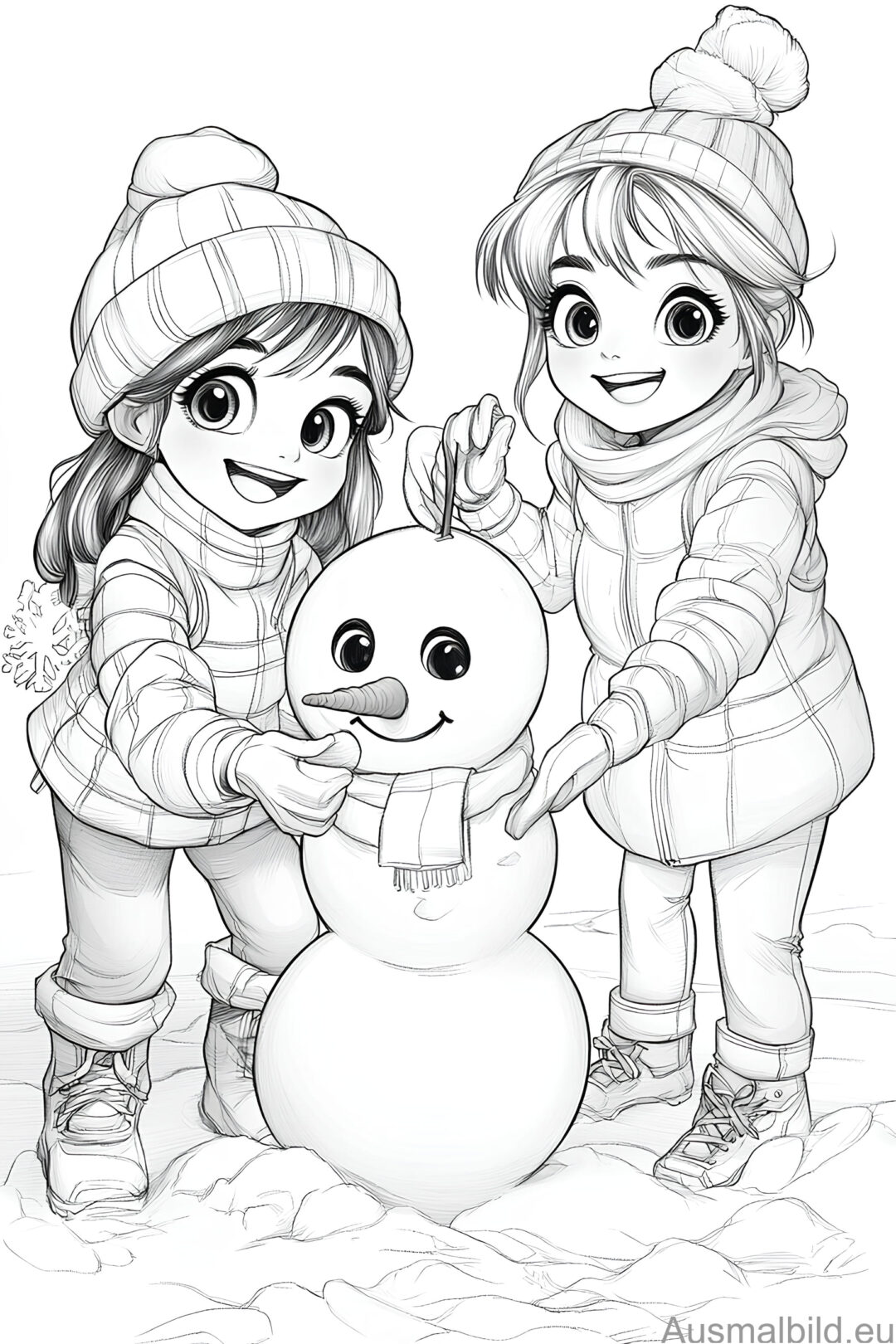 Zwei Mädchen bauen Schneemann - Winter - Ausmalbild.eu
