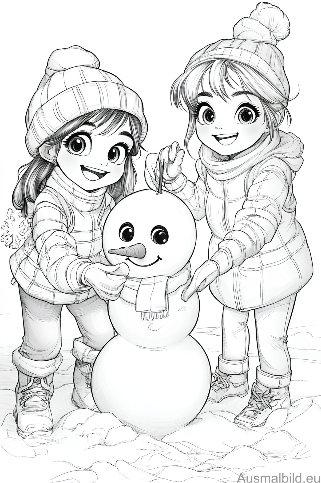 Zwei Mädchen bauen Schneemann - Winter - Ausmalbild.eu
