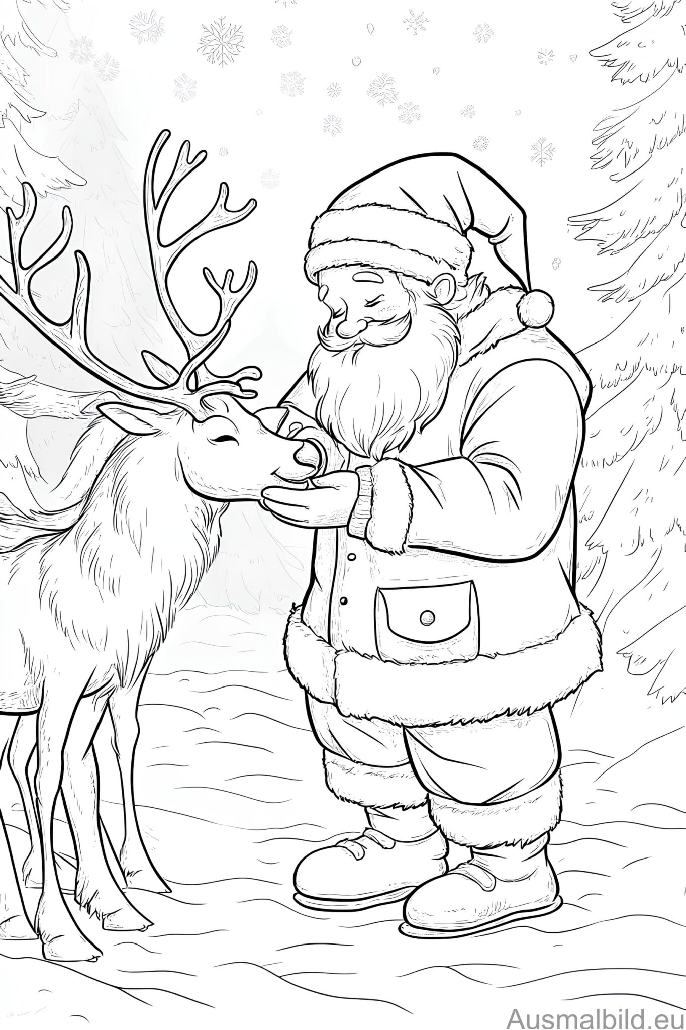 Weihnachtsmann füttert ein Rentier - Weihnachten - Ausmalbild.eu