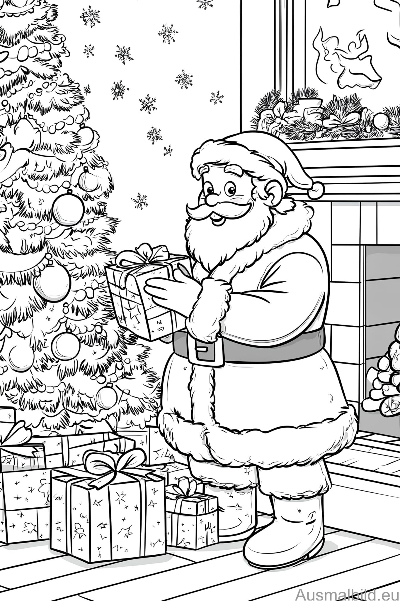Weihnachtsmann vor dem Tannenbaum - Ausmalbild.eu