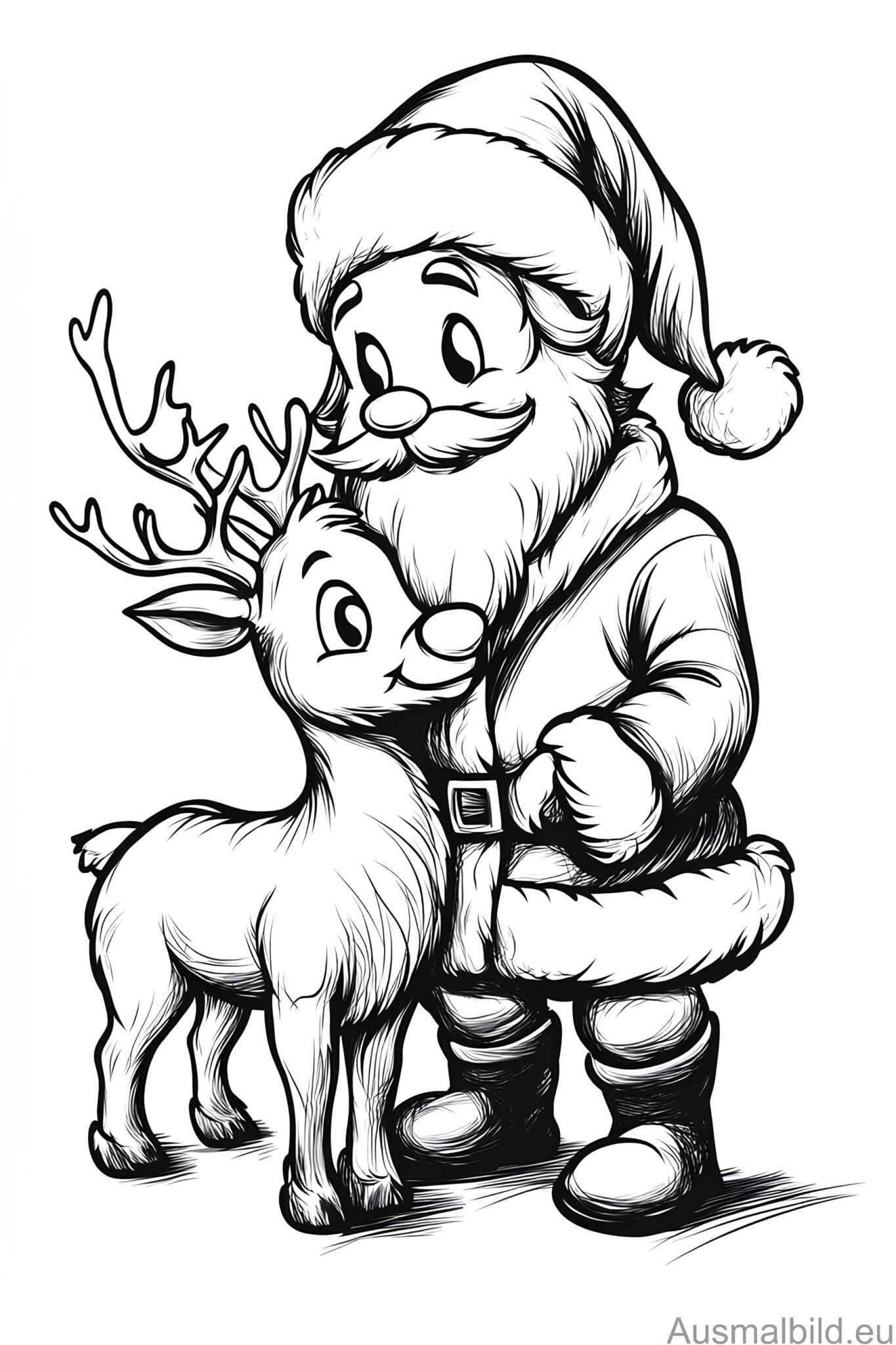 Weihnachtsmann mit Rentier - Weihnachten - Ausmalbild.eu