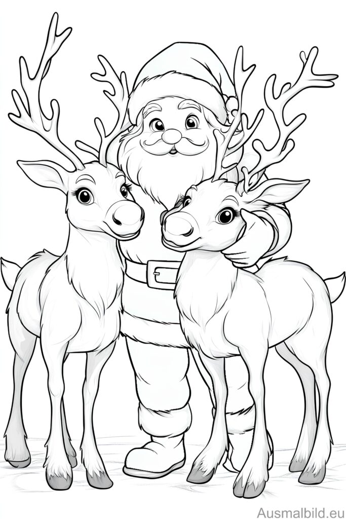 Weihnachtsmann streichelt zwei Rentiere - Weihnachten - Ausmalbild.eu