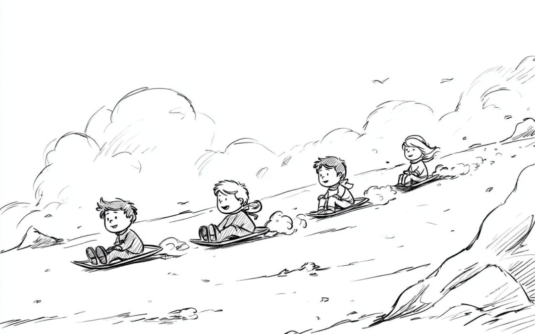 Children Toboggan Down a Mountain